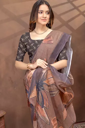 brown colour Linen cotton ready to wear saree with unstitched blouse