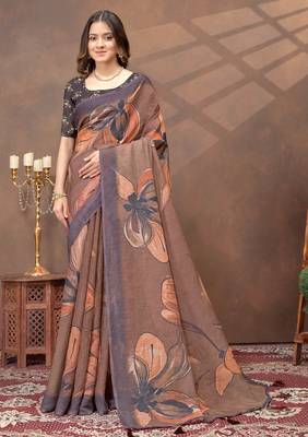 brown colour Linen cotton ready to wear saree with unstitched blouse 4