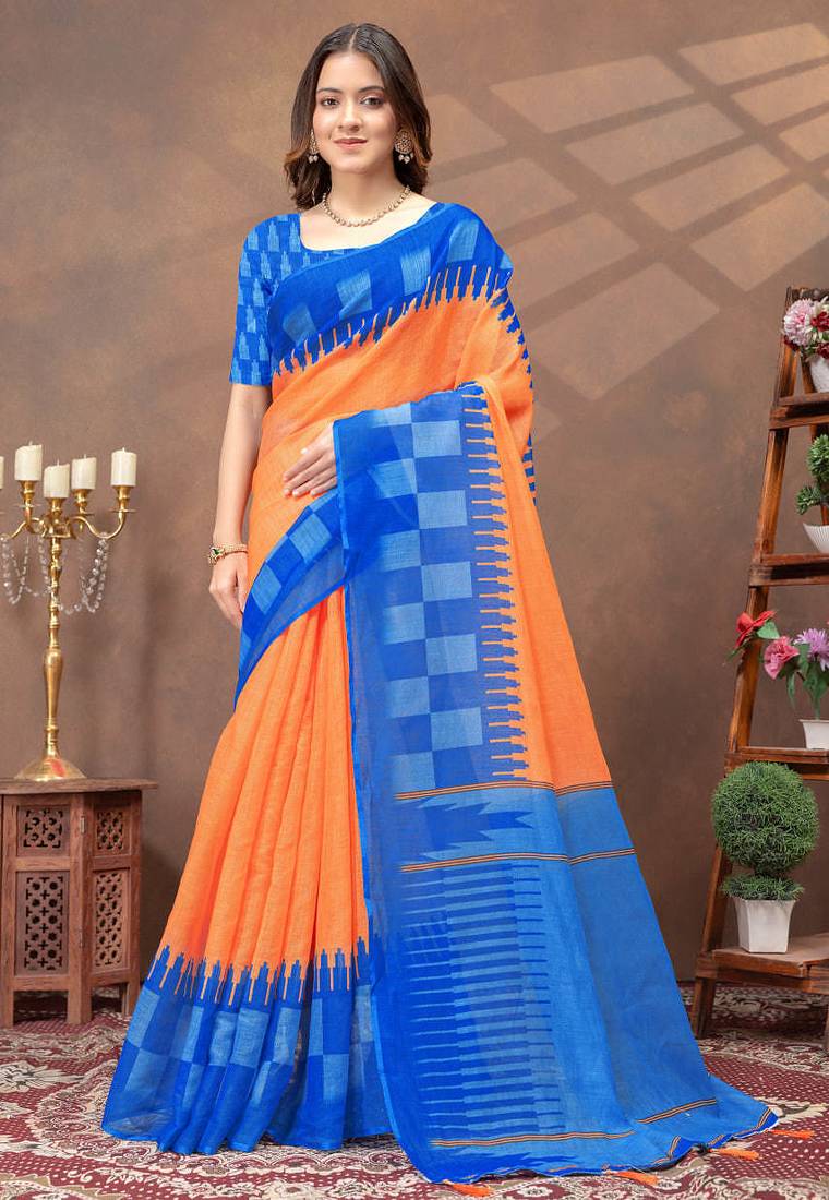 Linen cotton ready to wear saree with unstitched blouse