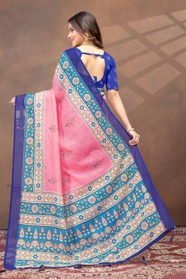 pink colour Linen cotton ready to wear saree with unstitched blouse 3