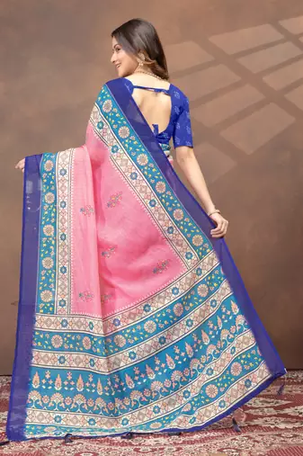 pink colour Linen cotton ready to wear saree with unstitched blouse