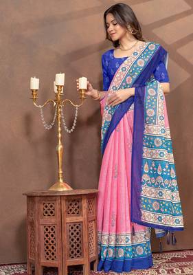 pink colour Linen cotton ready to wear saree with unstitched blouse 4