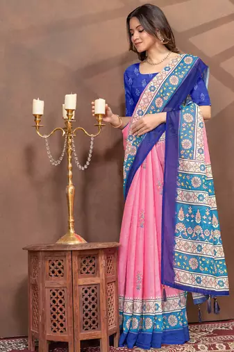 pink colour Linen cotton ready to wear saree with unstitched blouse