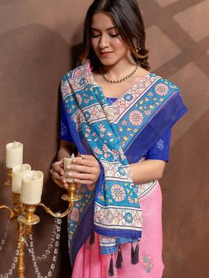 pink colour Linen cotton ready to wear saree with unstitched blouse 5
