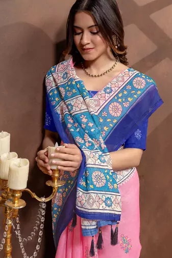 pink colour Linen cotton ready to wear saree with unstitched blouse