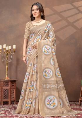beige colour Linen cotton ready to wear saree with unstitched blouse 1