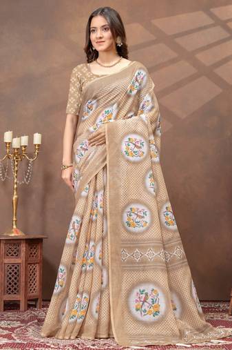 beige colour Linen cotton ready to wear saree with unstitched blouse