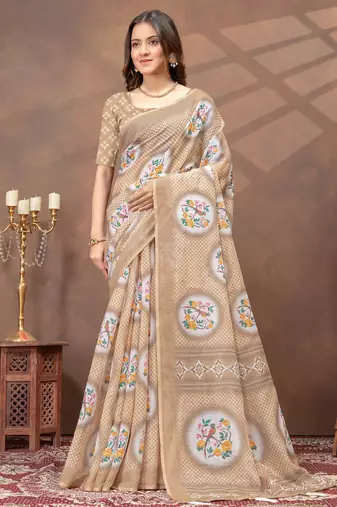 beige colour Linen cotton ready to wear saree with unstitched blouse