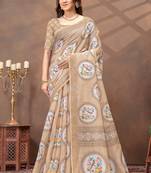 beige colour Linen cotton ready to wear saree with unstitched blouse