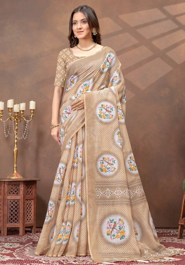 beige colour Linen cotton ready to wear saree with unstitched blouse