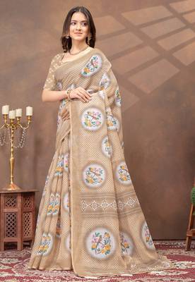 beige colour Linen cotton ready to wear saree with unstitched blouse 2