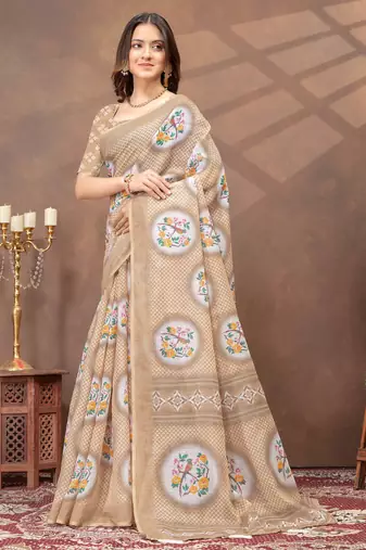 beige colour Linen cotton ready to wear saree with unstitched blouse