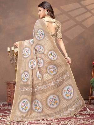beige colour Linen cotton ready to wear saree with unstitched blouse 3