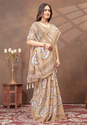 beige colour Linen cotton ready to wear saree with unstitched blouse 4