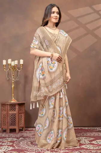 beige colour Linen cotton ready to wear saree with unstitched blouse