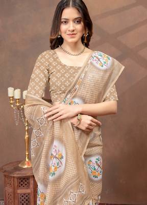 beige colour Linen cotton ready to wear saree with unstitched blouse 5