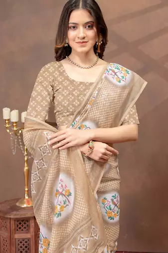 beige colour Linen cotton ready to wear saree with unstitched blouse