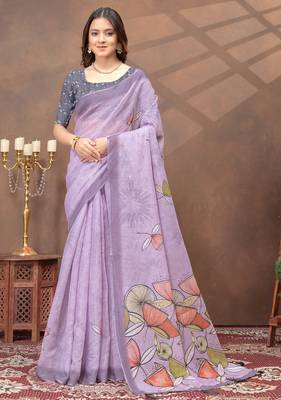 lavender colour Linen cotton ready to wear saree with unstitched blouse 1