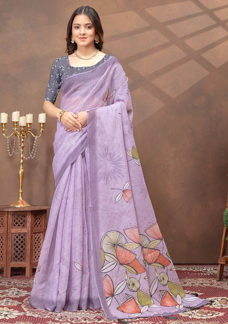 lavender colour Linen cotton ready to wear saree with unstitched blouse