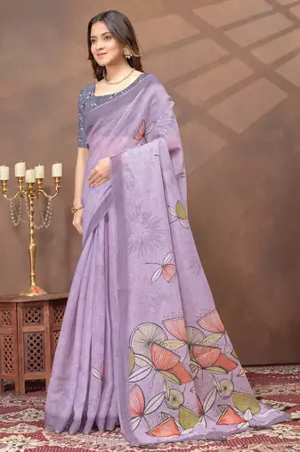 lavender colour Linen cotton ready to wear saree with unstitched blouse