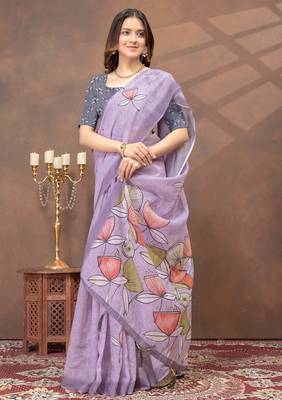 lavender colour Linen cotton ready to wear saree with unstitched blouse 3