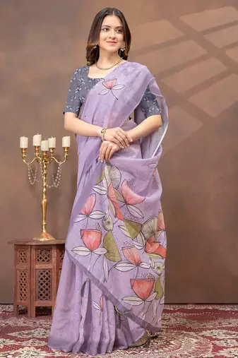 lavender colour Linen cotton ready to wear saree with unstitched blouse