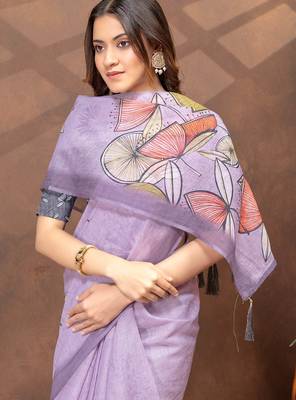 lavender colour Linen cotton ready to wear saree with unstitched blouse 4