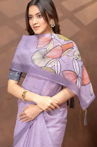 lavender colour Linen cotton ready to wear saree with unstitched blouse