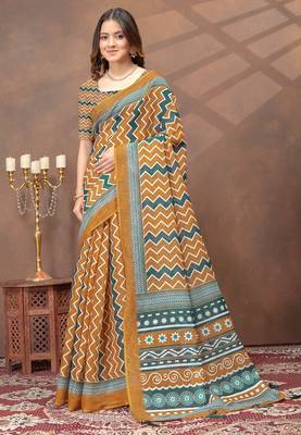 gold colour Linen cotton ready to wear saree with unstitched blouse 1
