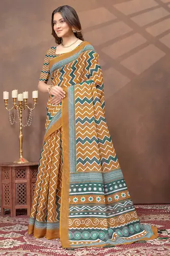 gold colour Linen cotton ready to wear saree with unstitched blouse