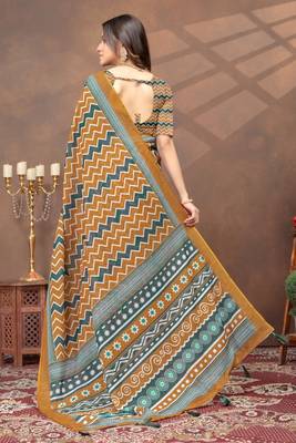 gold colour Linen cotton ready to wear saree with unstitched blouse 3