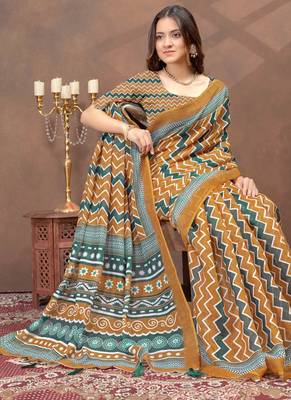 gold colour Linen cotton ready to wear saree with unstitched blouse 4