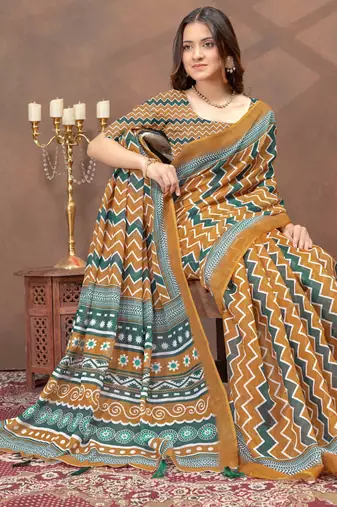 gold colour Linen cotton ready to wear saree with unstitched blouse