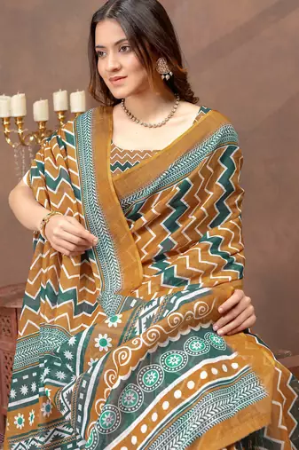 gold colour Linen cotton ready to wear saree with unstitched blouse
