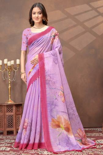 lavender colour Linen cotton ready to wear saree with unstitched blouse