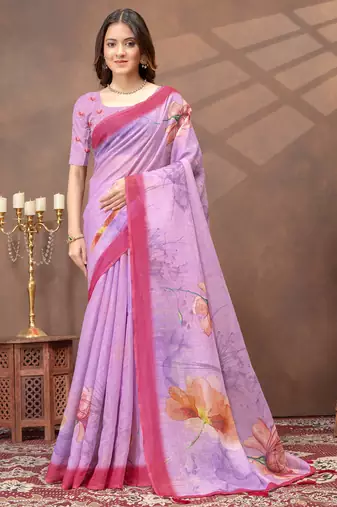 lavender colour Linen cotton ready to wear saree with unstitched blouse