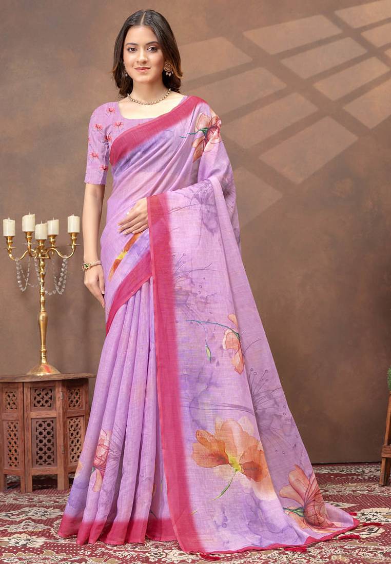 lavender colour Linen cotton ready to wear saree with unstitched blouse