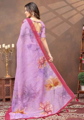 lavender colour Linen cotton ready to wear saree with unstitched blouse 3