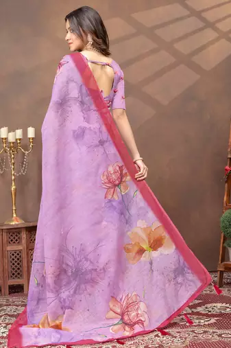 lavender colour Linen cotton ready to wear saree with unstitched blouse