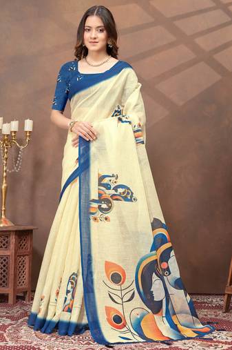 cream colour Linen cotton ready to wear saree with unstitched blouse