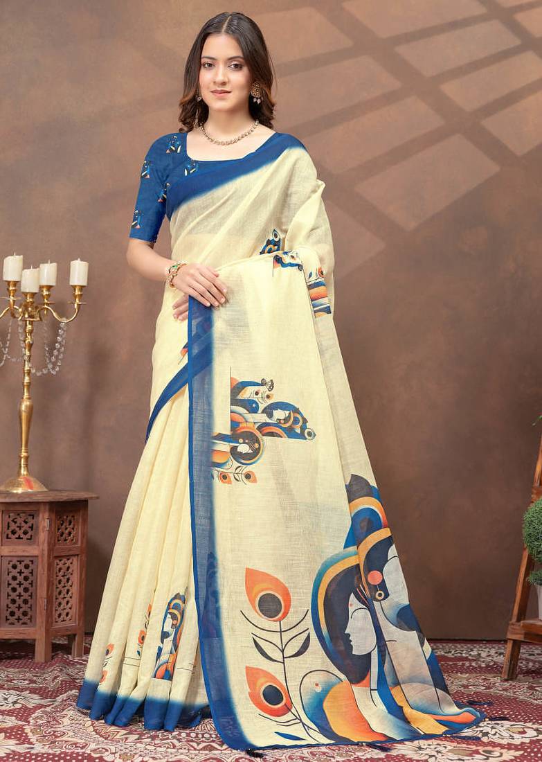 cream colour Linen cotton ready to wear saree with unstitched blouse