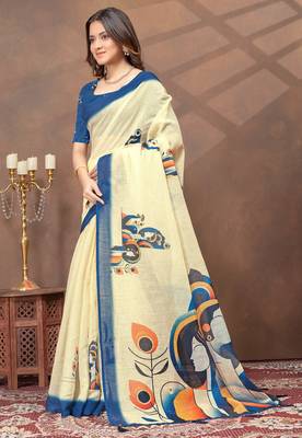cream linen cotton pre-stitched saree 2