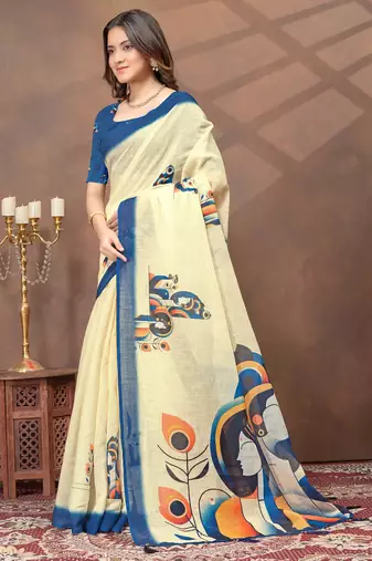cream linen cotton pre-stitched saree