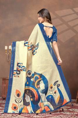 cream linen cotton pre-stitched saree 3