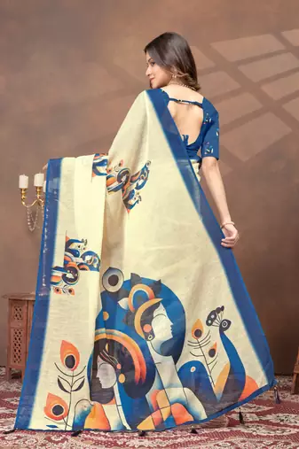 cream linen cotton pre-stitched saree