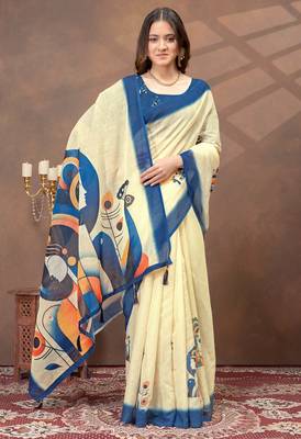 cream linen cotton pre-stitched saree 4