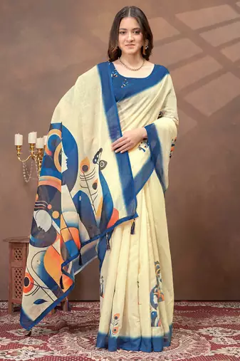 cream linen cotton pre-stitched saree