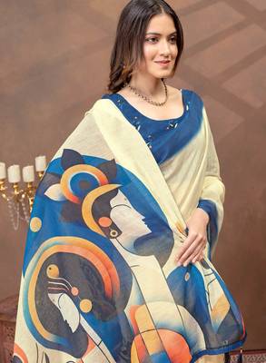 cream linen cotton pre-stitched saree 5