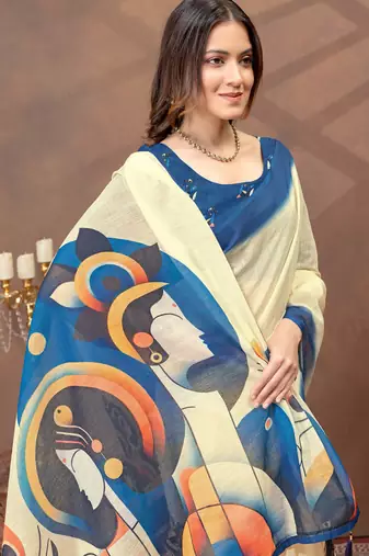 cream linen cotton pre-stitched saree