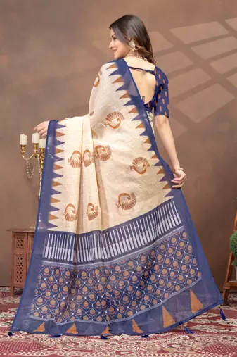 peach colour Linen cotton ready to wear saree with unstitched blouse